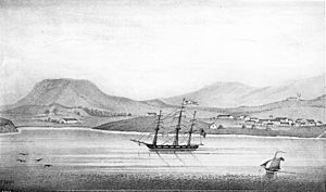 Drawing of the presidio of early Santa Barbara, as seen in Alfred Robinson's "Life in California", ca.1839 (CHS-5760)