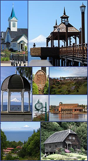 Top:Frutillar Lutheran Temple, Frutillar Bajo Dock, (left to right) Middle:View of Llanquihue Lake and Osorno Volcano, Francismo Tolo Monument in Bernando Avenue, Frutillar Reloj Monument, Frutillar Baja German Colonial Museum, Frutillar Baja Lke Theater (Teatro del Lago) (left to lower right) Bottom:View of Lake Llanquihue and Osorno Volcano, from Frutillar Bajo, A heritage house in Frutillar German Colonial Museum (left to right)