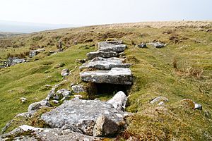 A line of flat stones on the ground covering a shallow channel