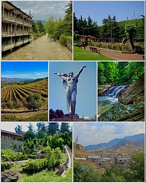 From top left:Aghstev River • Ijevan central parkIjevan Vineyards • Mother ArmeniaIjevan Wildlife Sanctuary • Ijevan DendroparkIjevan skyline and Gugark mountains 