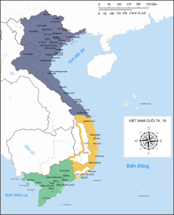 Political division of Vietnam at the end of the 18th century:      Territory controlled by Nguyễn Huệ      Territory controlled by Nguyễn Nhạc     Territory controlled by Nguyễn Lữ, later captured by Nguyễn Ánh in 1789