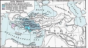 A world map showing parts of Eastern Europe, the Middle East and North Africa, centred on Asia Minor and Greece. Pergamum is marked in dark blue, Rhodes in navy blue, the Achaean league in dark and light purple, the Achaean League in two shades of light blue; the latter two using the differing colors to show their territorial changes between the map's time period of 220/280 BC - 160 BC. Galatia is to the top centre of Pergamum.