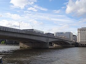 Wide bridge over water against a grey sky with tall buildings