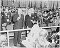 Photograph of President Truman and Brazilian President Eurico Dutra sampling a birthday cake decorated with Brazilian... - NARA - 200122