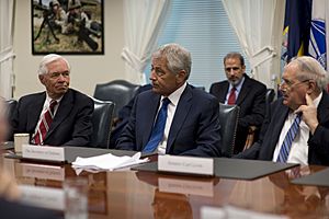 Secretary of Defense Chuck Hagel meets with Senators Carl Levin (left) and Thad Cochran, April 10, 2013, at the Pentagon