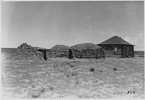 The evolution of the Navajo Hogan, Left to right. The very old hogan. A later style, a few of which are still in use.... - NARA - 298586