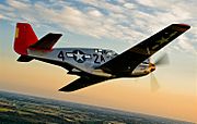 A single nosed-propeller plane is in mid flight above land.  The red nose faces right and the underside of the plane is slightly in view.  The plane has black propellers, grey base paint, and black letters reading A42.  The 4 and 2 are separated by a United States roundel in black with a central white star.  The roundel is also visible on the tops of the planes wings.  The full length of the right side of the plane is visible.