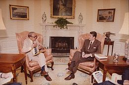 Samuel Ichiye Hayakawa, United States Senator from California on May 8, 1981 with Reagan Contact Sheet C1875 (cropped)