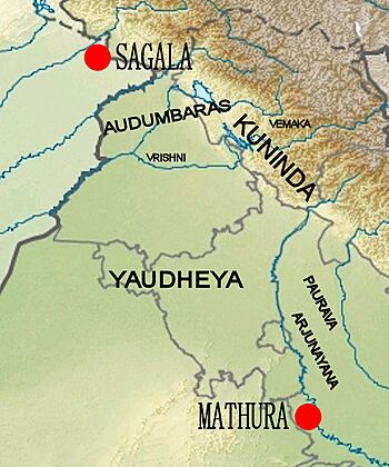 Location of the Pauravas relative to other groups: the Audumbaras, the Kunindas, the Vemakas, the Vrishnis, and the Yaudheyas.