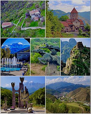 From top left: Halidzor FortressVahanavankMount Khustup and Kapan downtownMonument to David BekBaghaberdGaregin Nzhdeh's memorialKapan skyline