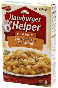 Box of Cheeseburger Macaroni flavor Hamburger Helper. The box features the words "Hamburger Helper", the name of the flavor, an image of the prepared product, as well as the brand mascot.