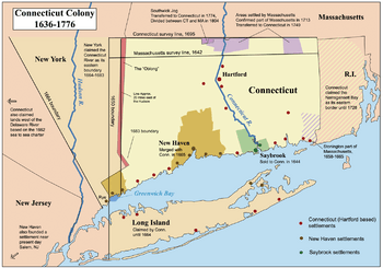 Map of Connecticut annotated to show its colonial history and the establishment of its modern borders