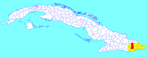 Guantánamo municipality (red) within  Guantánamo Province (yellow) and Cuba