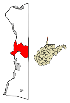 Location of Weirton in Hancock and Brooke Counties, West Virginia.