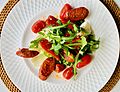 Chorizo, roasted capsicum, tomatoes, hard boiled eggs and rocket salad