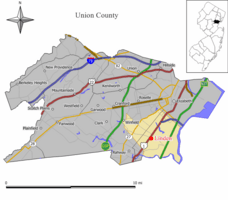 Location of Linden in Union County. Inset: Location of Union County highlighted in the State of New Jersey.