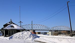 Nenana train station and Parks Highway bridge