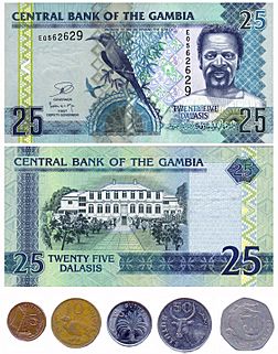 25 dalasi note and coins from 5 bututs to 1 dalasi