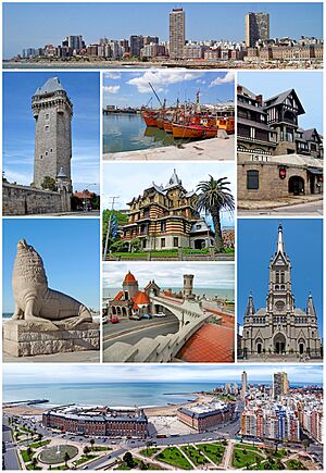 From the top, left to right: city skyline, Torre Tanque, fishing boats in the port, Saint Michael chalet, Castagnino Museum, Sea Lion Monument, Torreón del Monje, Mar del Plata Cathedral, and a panoramic view from Edén Palace featuring the Casino Central and the NH Gran Hotel Provincial.