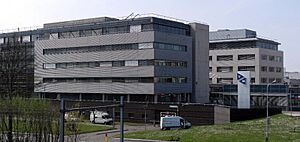 Maastricht, Randwyck, UM-gebouwen vanaf brug bij Station Randwyck