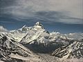 Nanda Devi peaks wide view SE from slopes of Kalanka in Changabang Gal Jun 1980