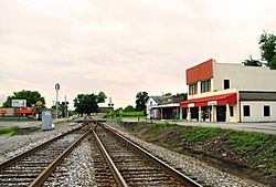 The railroad tracks running through the heart of Downtown Powell.