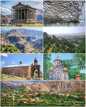 Landmarks of Garni, from top left:Garni Temple • Symphony of StonesGarni Gorge • Khosrov Forest Reserve Surb Astvatsatsin Church  • Mashtots Hayrapet General view of Garni