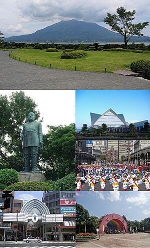 From top, left to right: Senga-en Garden, Saigō Takamori statue, Kagoshima Aquarium, Ohara Festival, Tenmonkan, Hirakawa Zoological Park