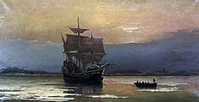 Mayflower in Plymouth Harbor, by William Halsall