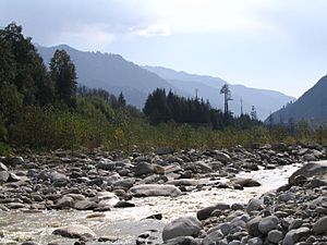 Beas river and mountains as seen from Van Vihar, Manali