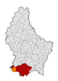 Map of Luxembourg with Differdange highlighted in orange, and the canton in dark red