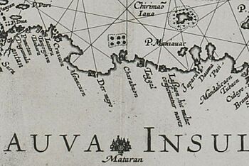 Map of Java from 1598 by Joannes van Doetecum the Elder, showing the city of Cirebon (Charabaon) with a flag on top of it.