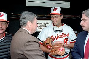 President Ronald Reagan talking with Cal Ripken Jr