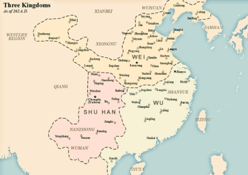 The territories of Shu Han (in light pink), as of 262 A.D.