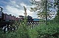 Hillcrest Lumber Company steam locomotive 1 Shay on Somenos Lake trestle at Forest Museum Duncan BC 16-Jul-1995