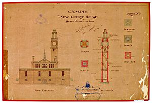 Architectural drawing of the Gympie New Court House, showing the back elevation and section of the tower, 31 March 1900