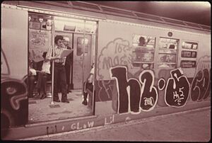 GRAFFITI ON A SUBWAY CAR ON THE LEXINGTON AVENUE LINE IN NEW YORK CITY. IN 1973 TRANSIT AUTHORITY POLICE ARRESTED... - NARA - 556811