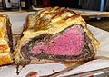 Inside of a medium-rare Beef Wellington