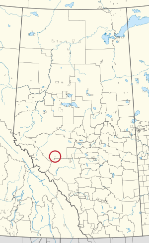 A map of the province of Alberta showing 80 counties and 145 small Indian reserves. One is highlighted with a red circle.