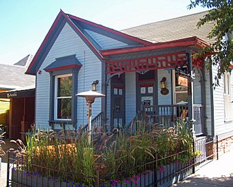 A small light blue wooden house with dark blue, and in some cases red, trim. There is a small plot with grassy plants and flowers in front, and signs saying "Matsuhisa".