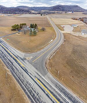 Wis-88 and Wis-35 junction with the Milton town hall to the right and Cochrane-Fountain City School District building to the left