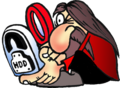 Logo depicting Richard Stallman with a magnifying glass checking the hard drive.