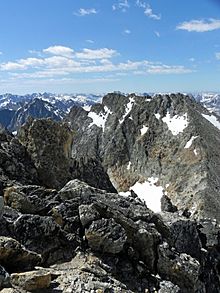 A photo of Mickey's Spire from the summit of Thompson Peak