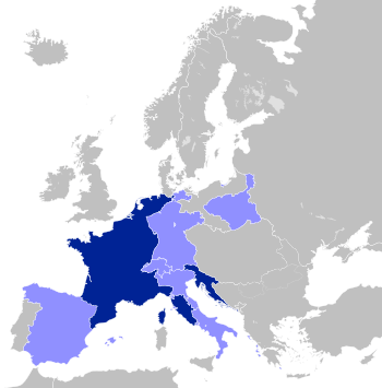 The First French Empire at its greatest extent in 1812.  *      French Empire *      Satellite states  