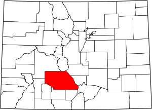 Map of Colorado highlighting Saguache County