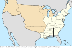 Map of the change to the United States in central North America on December 19, 1820