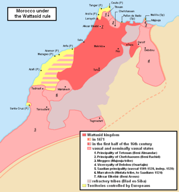 Map of the Wattasid sultanate (dark red) and its vassal states (light red)