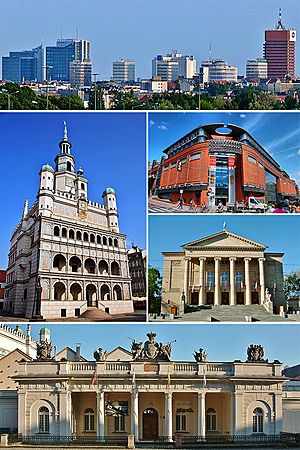 Top: Panorama of PoznańMiddle: Poznań Town Hall, Stary Browar, Opera HouseBottom: Guardhouse