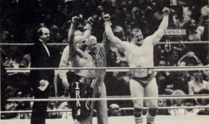 Freddie Blassie, Nikita Koloff and Iron Sheik WWF Tag Champions Wrestlemania