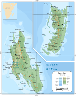 The major islands of Unguja and Pemba in the Indian Ocean